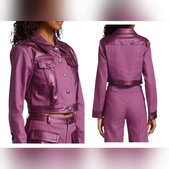 Cinq à Sept Regina Crop Jacket Metallic Vegan Leather Trim Purple Size L